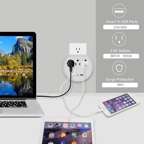 Power Strip 2pcs Surge Protector 5-Outlet con 2 porte USB (5 V/2.4A); Prolunghe intrecciate da 6 piedi