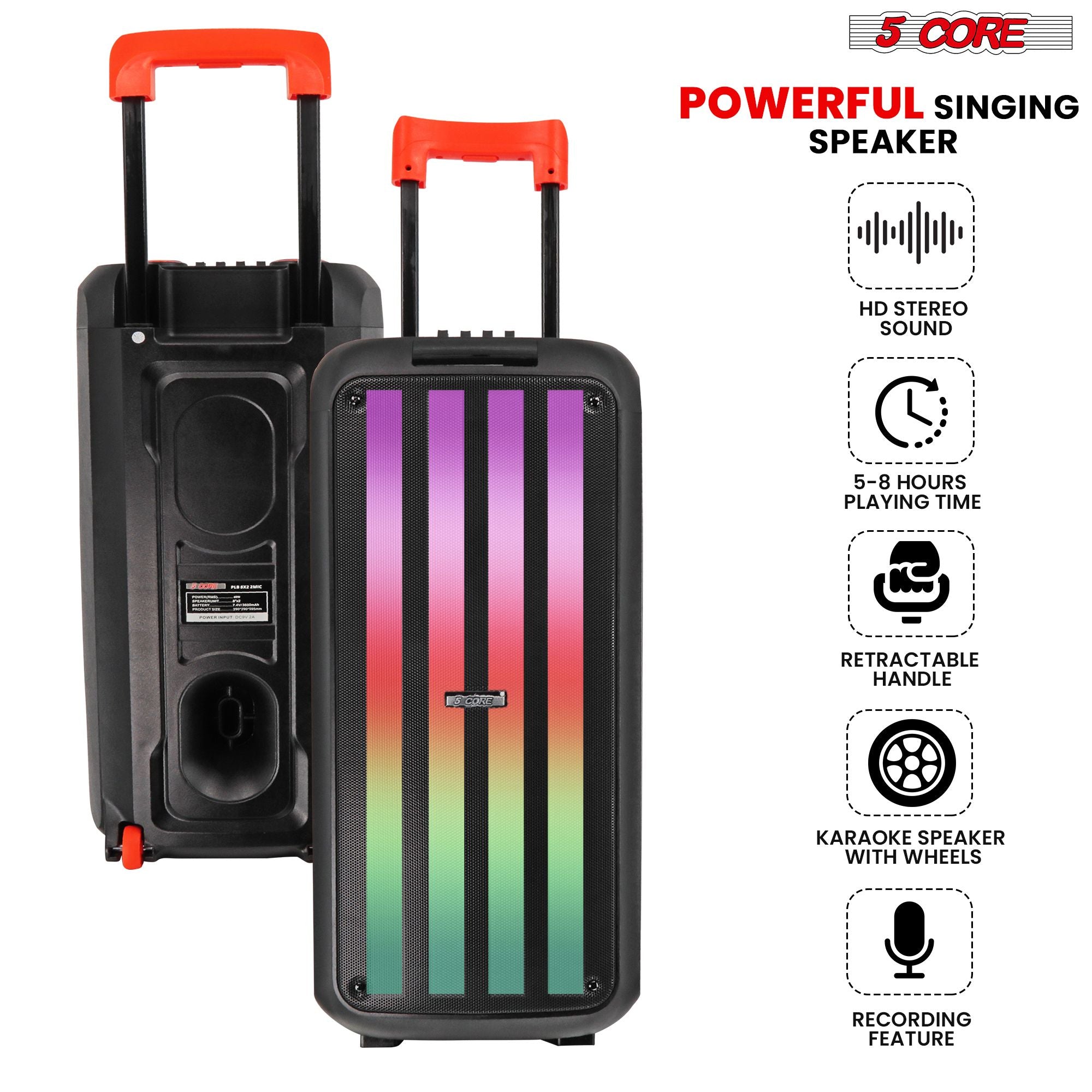 5 Core 8 Inch Bluetooth DJ Speaker 3 Way Boom Box Party Speakers Karaoke Machine Portable PA Bocina for Singing with 2 Wireless Microphone + Light PLB 8X2 2MIC