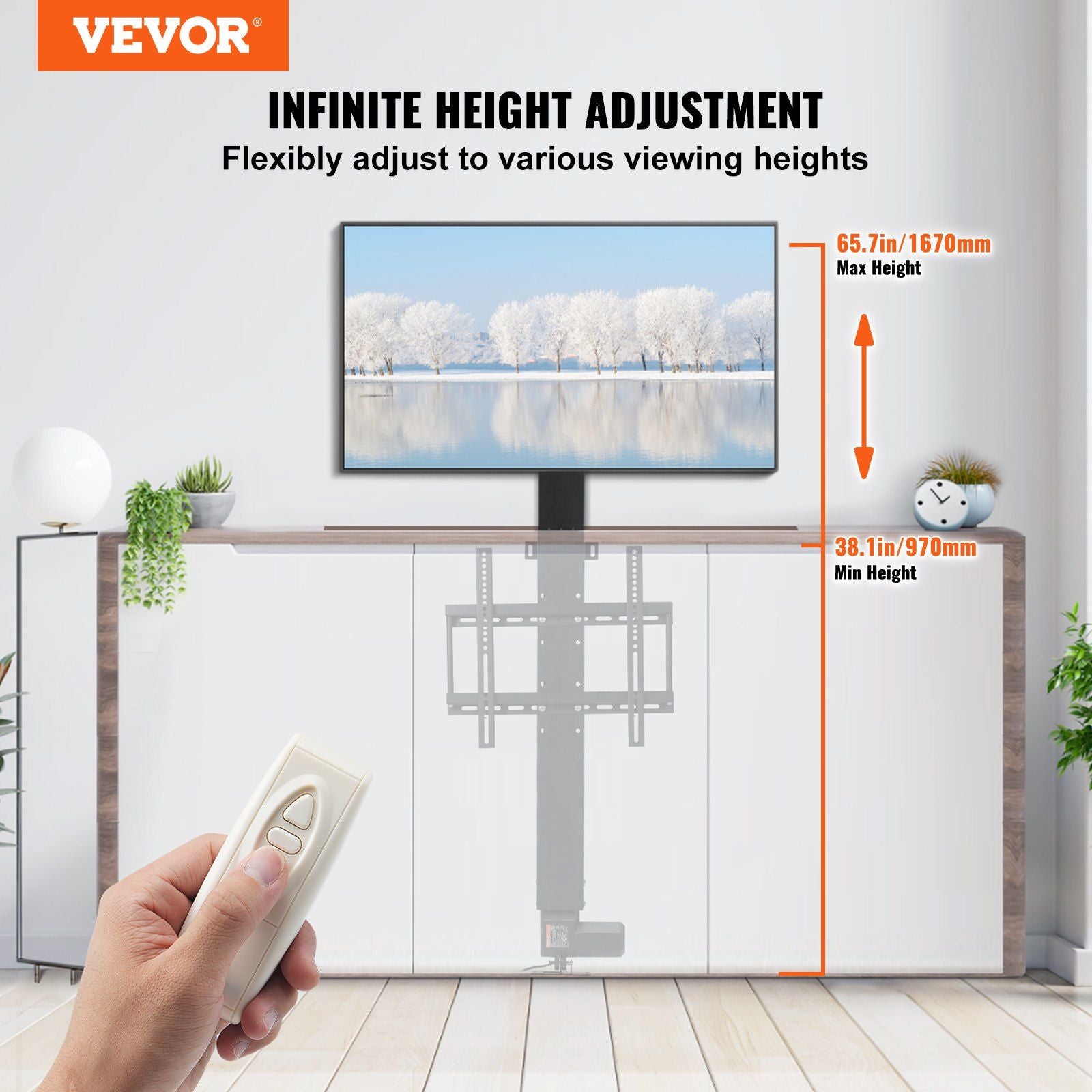 Vevor Motorized TV Lift Stroke Length 28 ίντσες Μηχανή Motorized TV Mount Fit για Max.50 ίντσες ανελκυστήρα τηλεόρασης με ύψος τηλεχειριστηρίου ρυθμιζόμενο 38-65 ίντσες, χωρητικότητα φόρτωσης 132 λίβρες