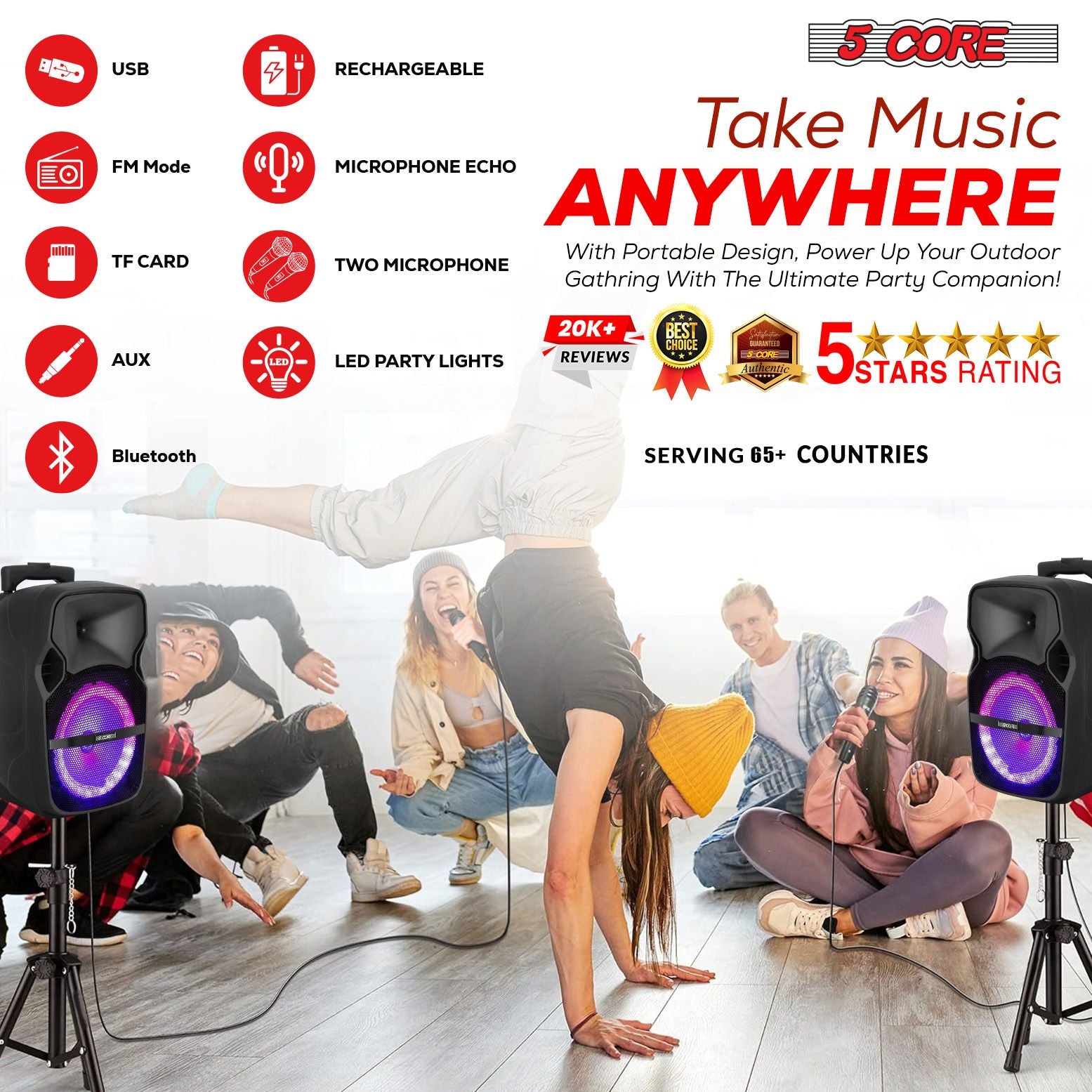 5 CORE 8 Inch TWS PAIR Bluetooth Party Speakers 250 W Portable Karaoke PA System Rechargeable Loud Speaker + Tripod Stand & 2x Wireless Mics LED Light : Active Home 8-2MIC