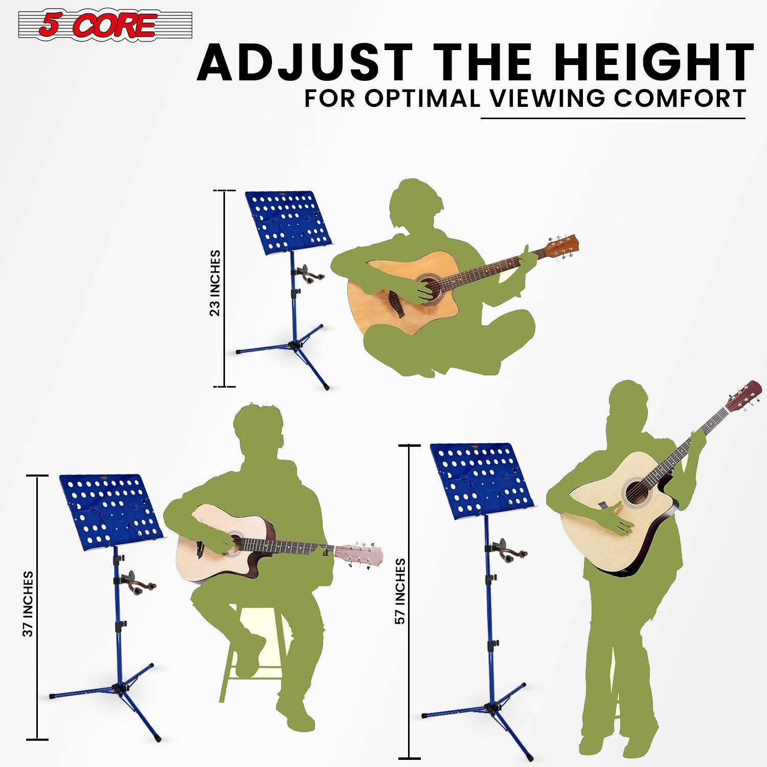 5 Core Music Stand For Sheet Music Height Adjustable Portable Folding Atril Para Partituras w Light Clip for Guitar Players Violinists Cellists Pianists - MUS FLD HD ACC BLU