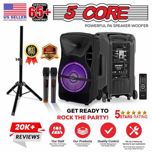 5 CORE 12 Inch TWS PAIR Bluetooth Party Speakers 500 Watt Portable Karaoke PA System Rechargeable Loud Speaker + Tripod Stand & 2x Wireless Mics LED Light : Active Home 12 2-MIC