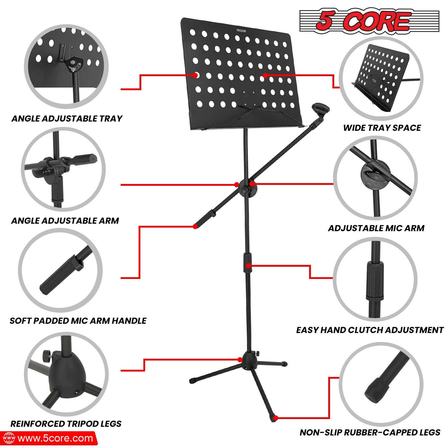 5 Core Music Stand 2-i-1 Professional Portable Sheet Music Stand med löstagbar mikrofonstativ, 21,6'- 63 'Justerbar musikbok för dubbla användningar