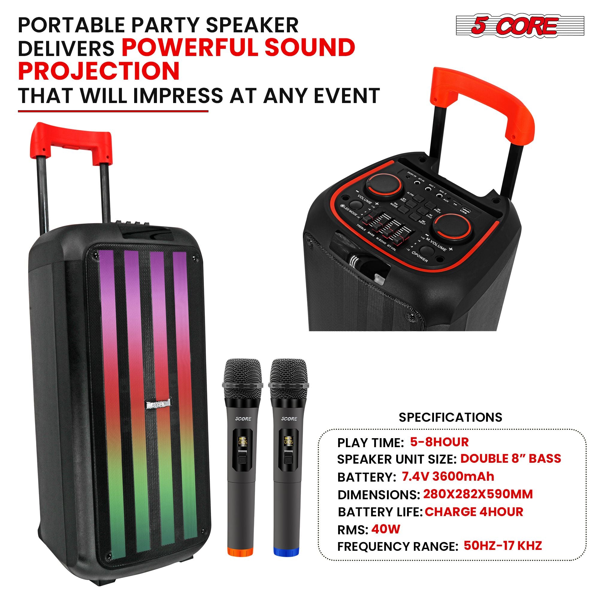 5 Core 8 Inch Bluetooth DJ Speaker 3 Way Boom Box Party Speaker Karaoke Machine Portable Pa Bocina para sa Pag -awit na may 2 Wireless Microphone + Light PLB 8x2 2Mic