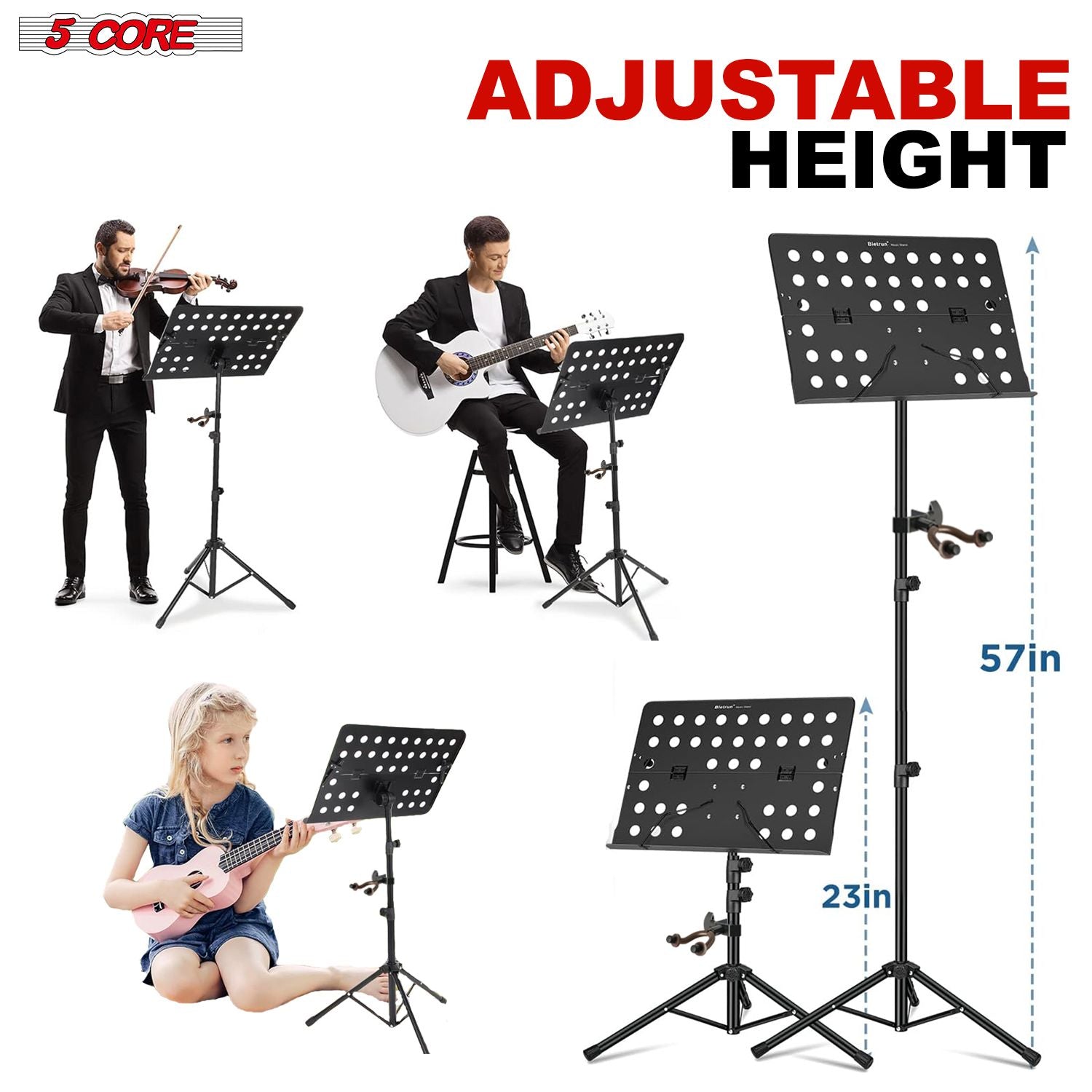 5 Core Music Stand For Sheet Music Height Adjustable Portable Folding Atril Para Partituras w Light Clip for Guitar Players Violinists Cellists Pianists - MUS FLD HD ACC BLK