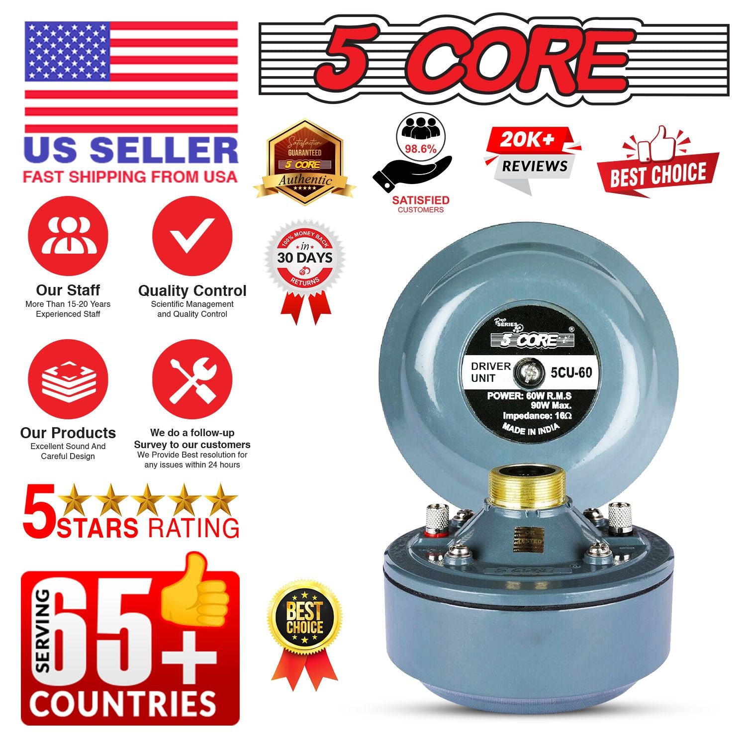 5 CORE COMPRASTION DRIVER 600W ذروة مكبر الصوت من الألومنيوم الحاجز 16 أوم الحلق تويست هورن مكبر صوت: DU 60W