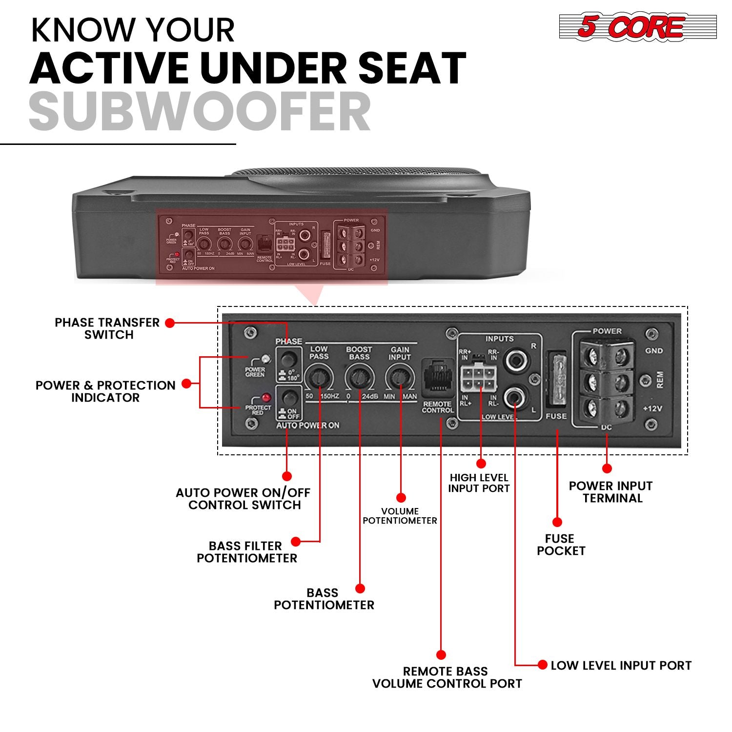 5 Kärna 10 tum Slim Under Seat Car Audio Subwoofer 800W Active Powered Under -Seat Byggt i förstärkare Truck Sub Woofer i Enclosure Box + Wiring Kit & Remote Control - BTUBE UNDR ST 150