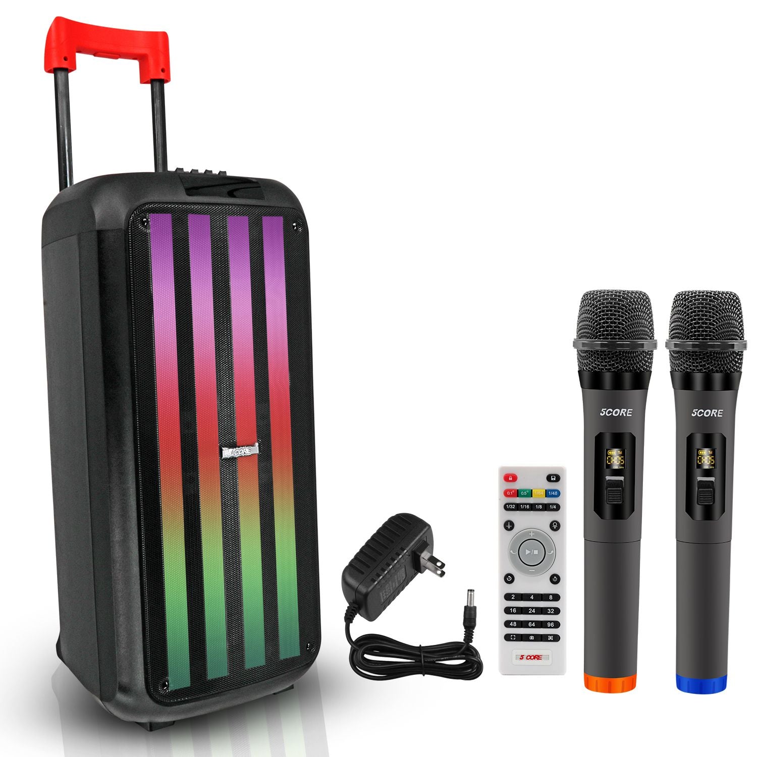 5 Core Bluetooth Speaker Karaoke Machine • 10 "3 Way Speaker • Portable Singing PA System • W DJ Light • FM + TWS + USB + SD Card + Aux + REC • Kasama sa mga tagapagsalita ng Partido ang dalawang wireless mics- plb 10x2 2MIC