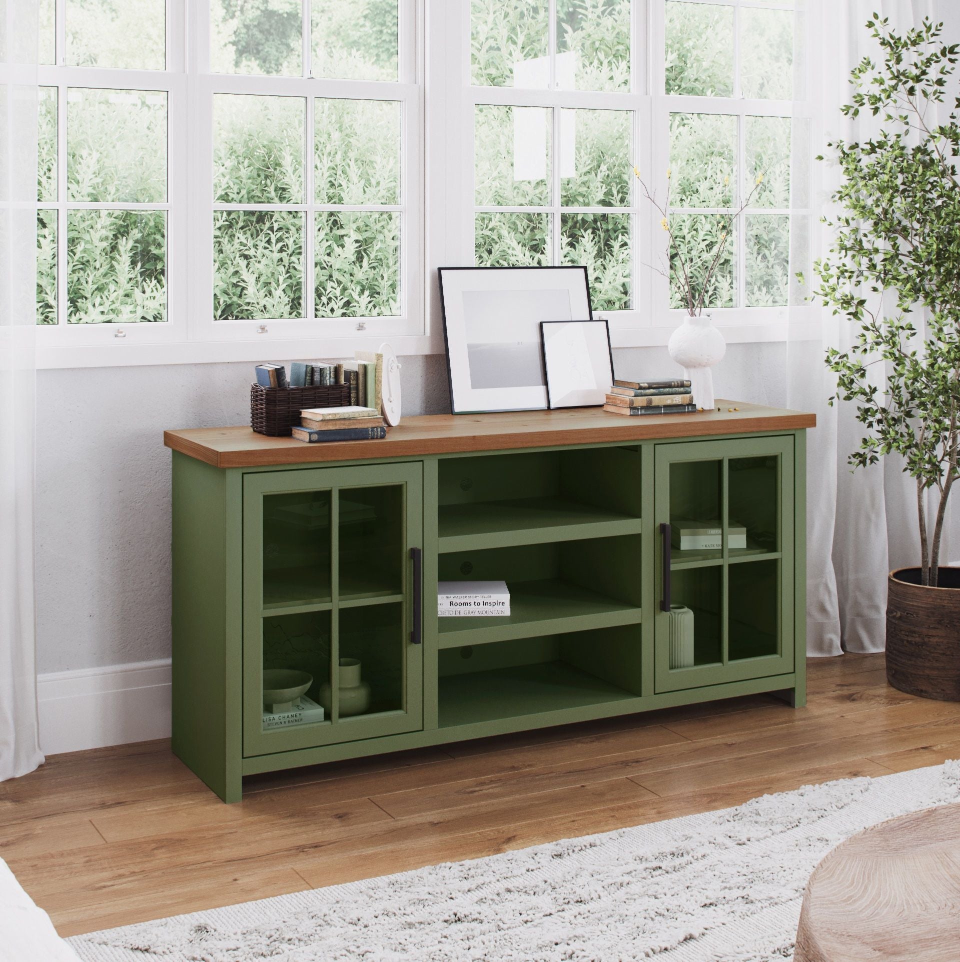 Bridgevine Home Vườn nho 67 inch TV Stands đối với TV lên đến 80 inch, không cần lắp ráp, Sage Green và Fruit Finish