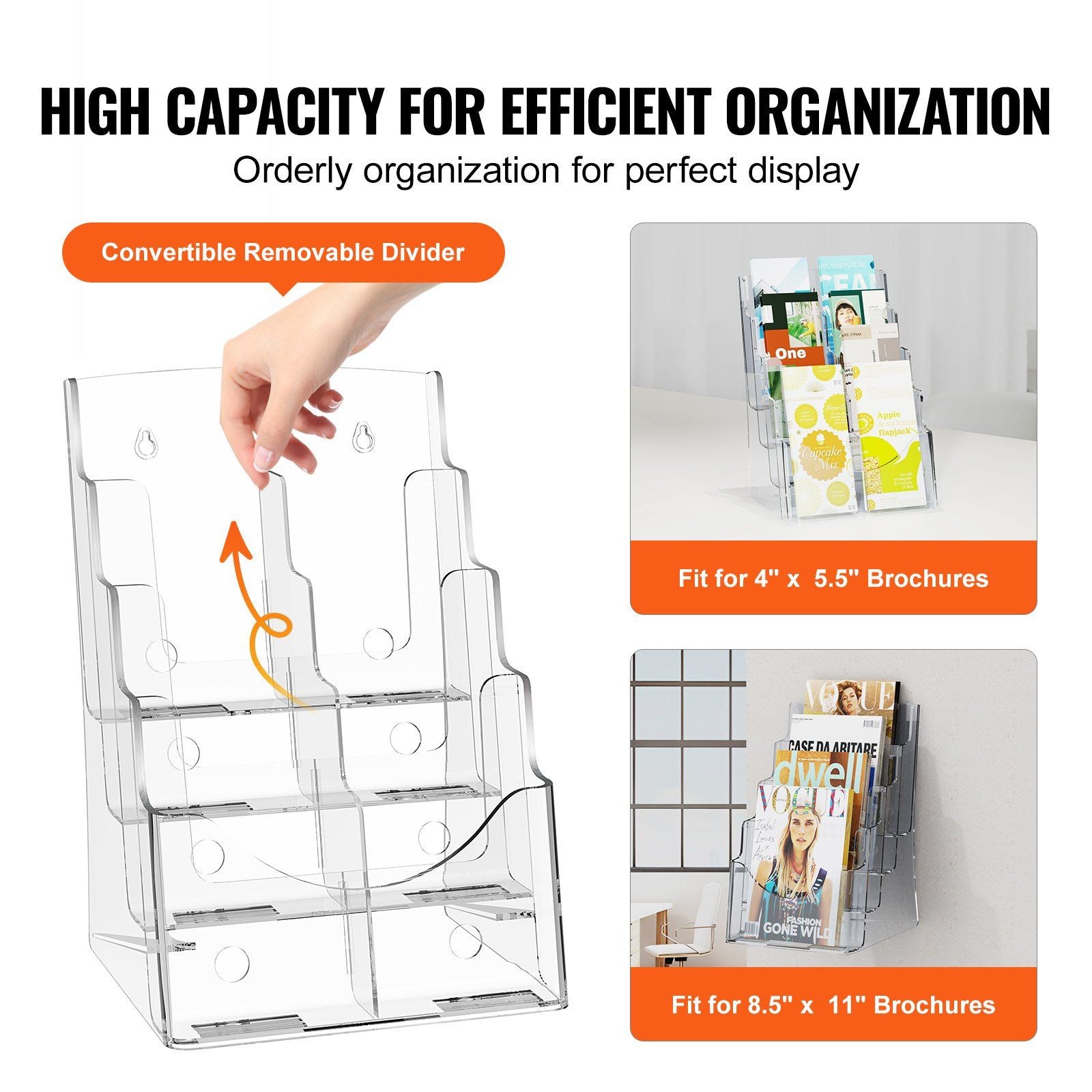 VEVOR Acrylic Brochure Holder 8.5 x 11 inch, 4-Tier Clear Acrylic Literature Display Stand, Plastic Literature Organizer Flyer Stand & Removable Divider for Office Exhibition, Countertop or Wall Mount