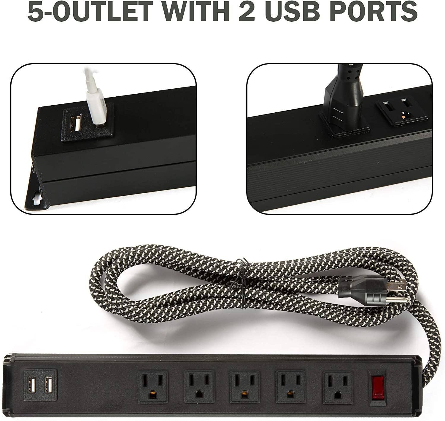 Power Strip 2pcs Surge Protector 5-Outlet con 2 porte USB (5 V/2.4A); Prolunghe intrecciate da 6 piedi