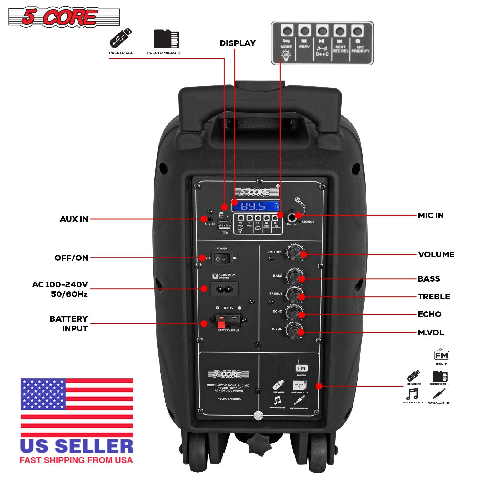 5 πυρήνας 8 ιντσών TWS ζεύγη μπλε ηχεία πάρτι 250 W φορητό καραόκε PA σύστημα επαναφορτιζόμενο δυνατό ηχείο + τρίποδο περίπτερο & 2x ασύρματο φως LED LED: Active Home 8-2Mic