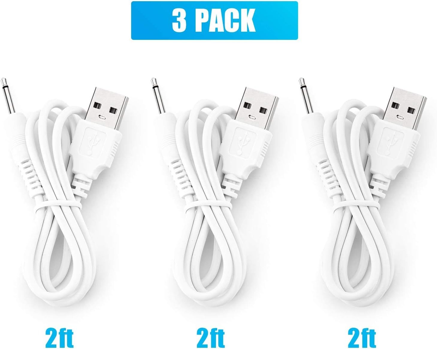 3 Pack Replacement DC Charging Cable 2.5mm with Fast DC USB Charger Cable Cord Adapter Technology for Universal Vibrating Wand Massagers and Toys, 2ft White