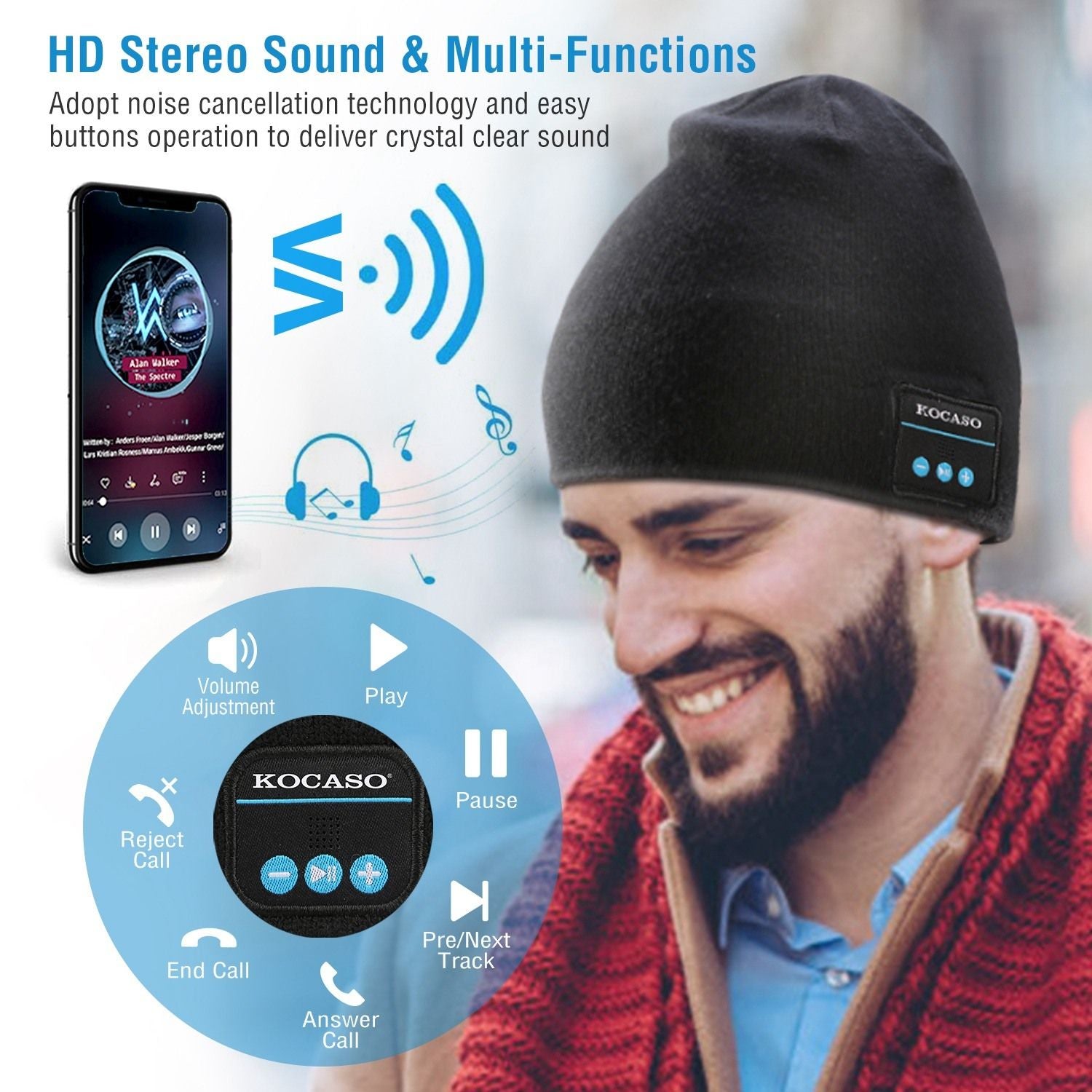 Mjuk trådlös Beanie -hörlurar Hatt trådlös v4.2 Brusavbrott Stereo Earphones Cap