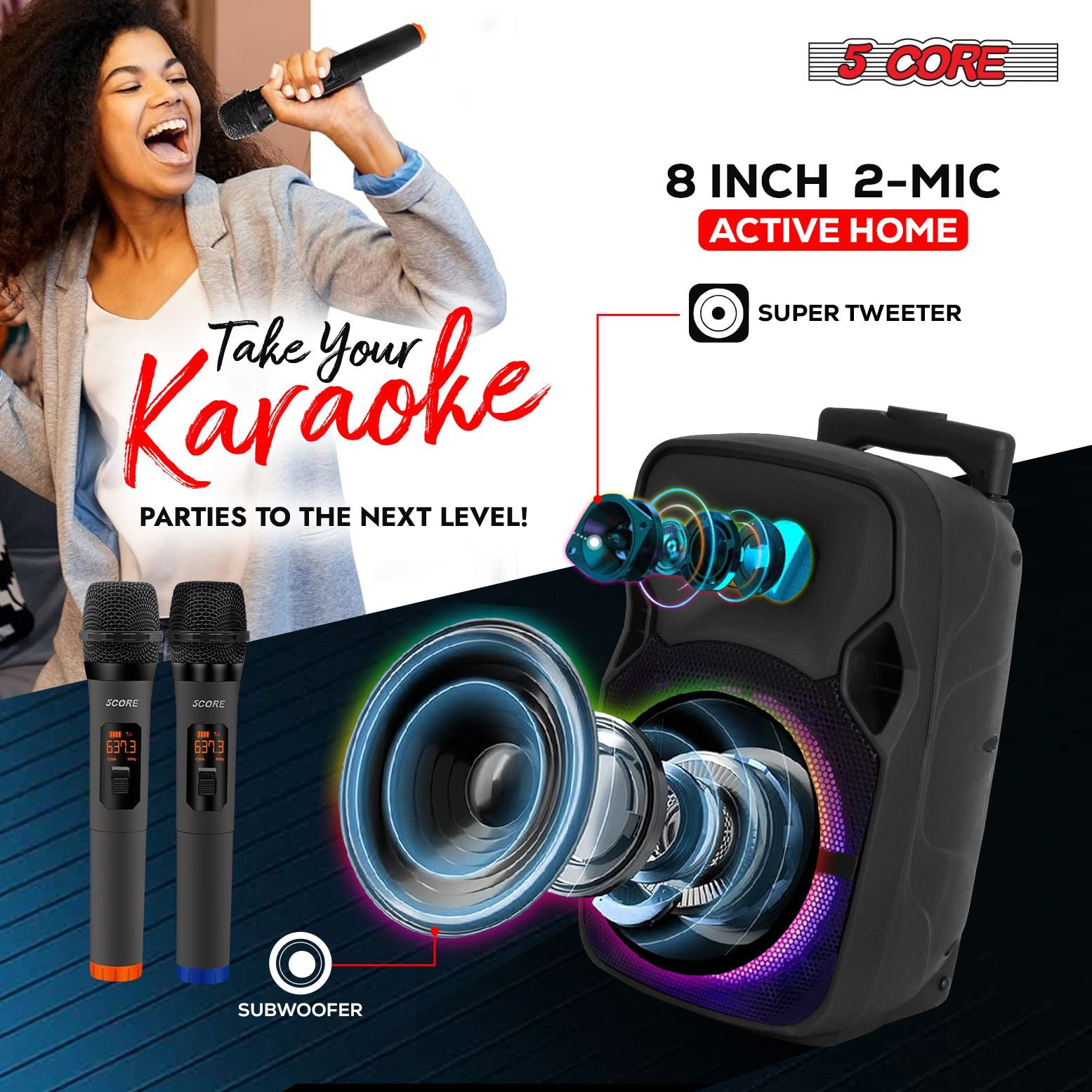 5 CORE 8 Inch TWS PAIR Bluetooth Party Speakers 250 W Portable Karaoke PA System Rechargeable Loud Speaker + Tripod Stand & 2x Wireless Mics LED Light : Active Home 8-2MIC