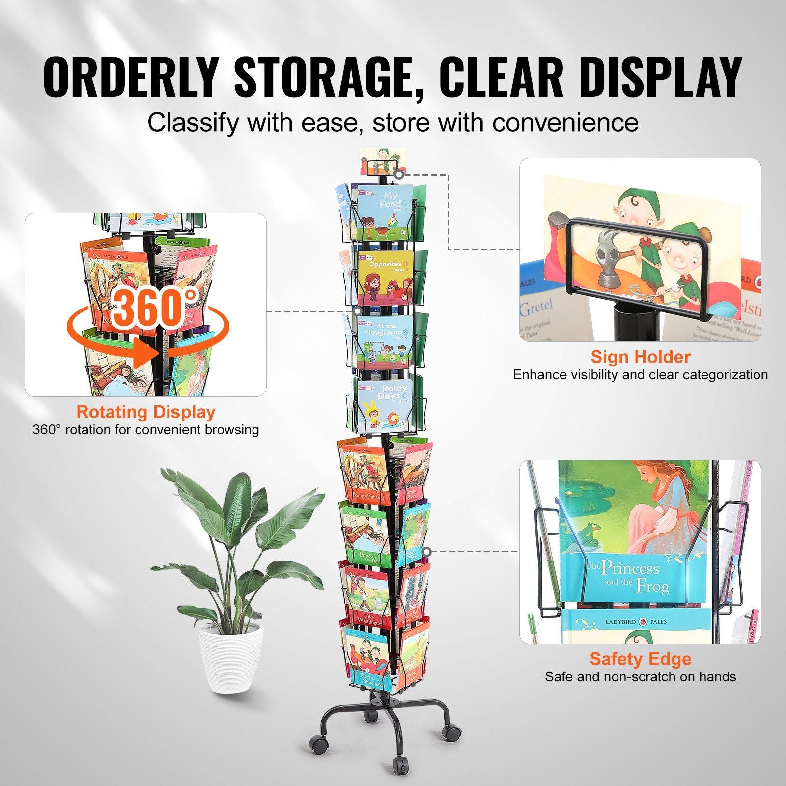 Vevor gratulationskort display rack, 32 fickor roterande vykort broschyr display stativ, 360 ° spinning kort display rack med skylthållare & 4 hjul (2 låsbara) för utställnings kontor mässan mässa