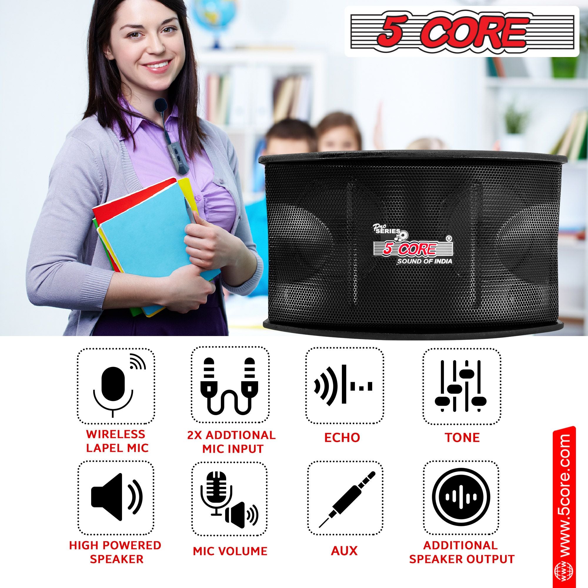 5 Core Wireless Lavalier Microphone System na may Power Amplifier 200 Watt PMPO Receiver Loud Speaker PA System Set Lapel Mic 2 In 1 Para sa Pagtuturo ng Mga Pagpupulong sa Pagsasalita Classroom Conference Seminar-5C APS