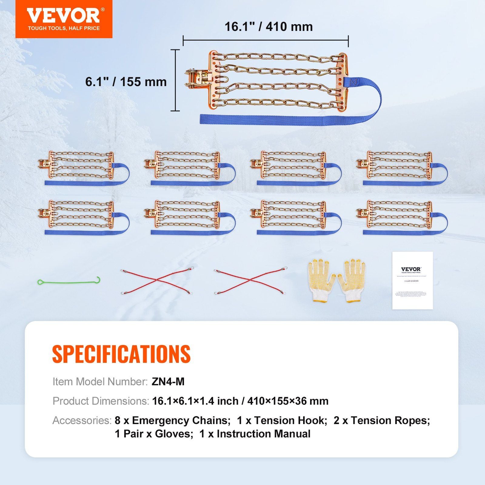 Vevor 16 st snödedjor däckbredd 8-8,8 i/205-225 mm för bil/pickup/SUV/lastbil