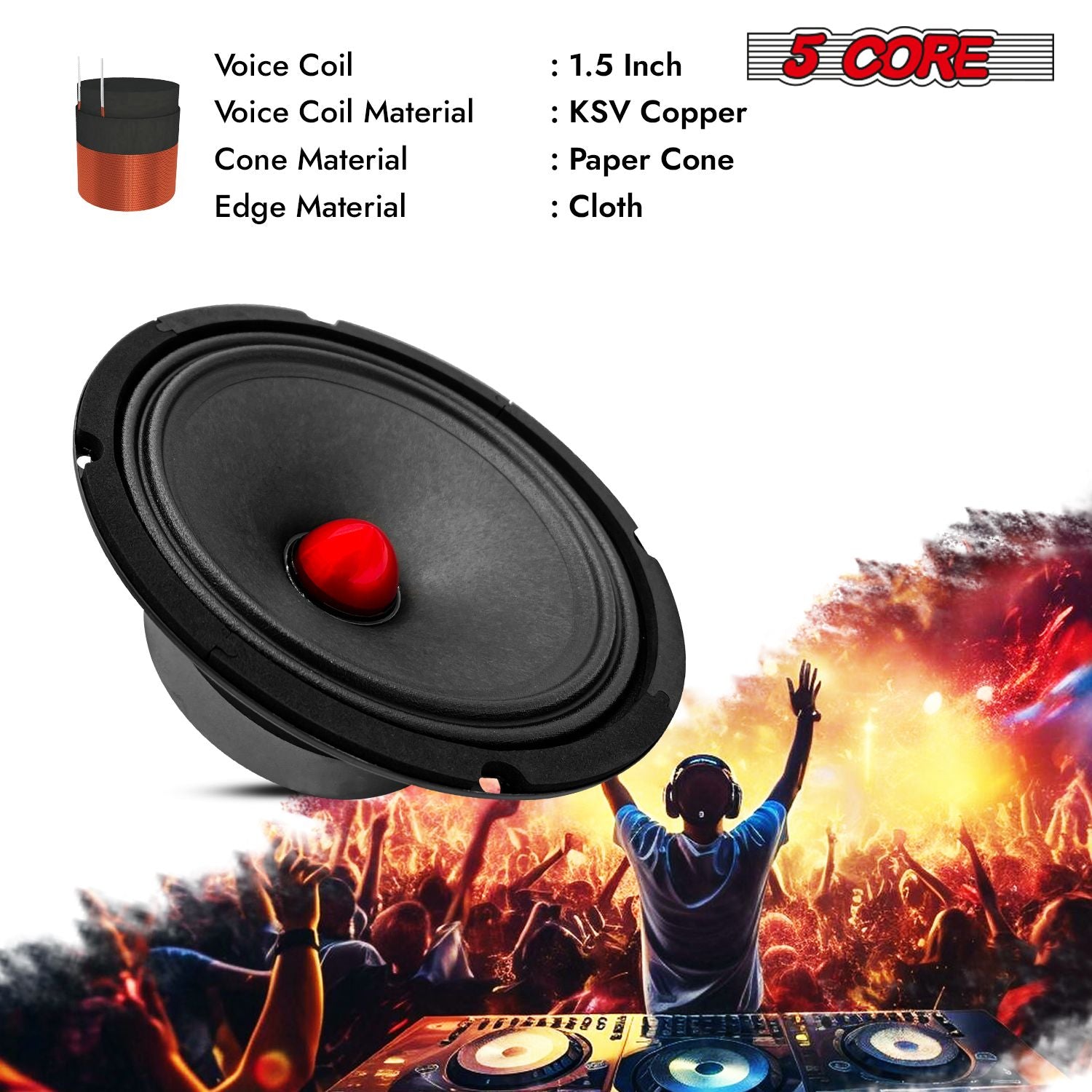 5 CORE 8 tum Mid Range Bullet Pro Audio Car Högtalare Red Aluminium Bullet Houdspeaker 500W Max 8 Ohms - Premium Quality Audio Door Högtalare för bil eller lastbil Stereo -ljudsystem MR 8 BLT 8OHM