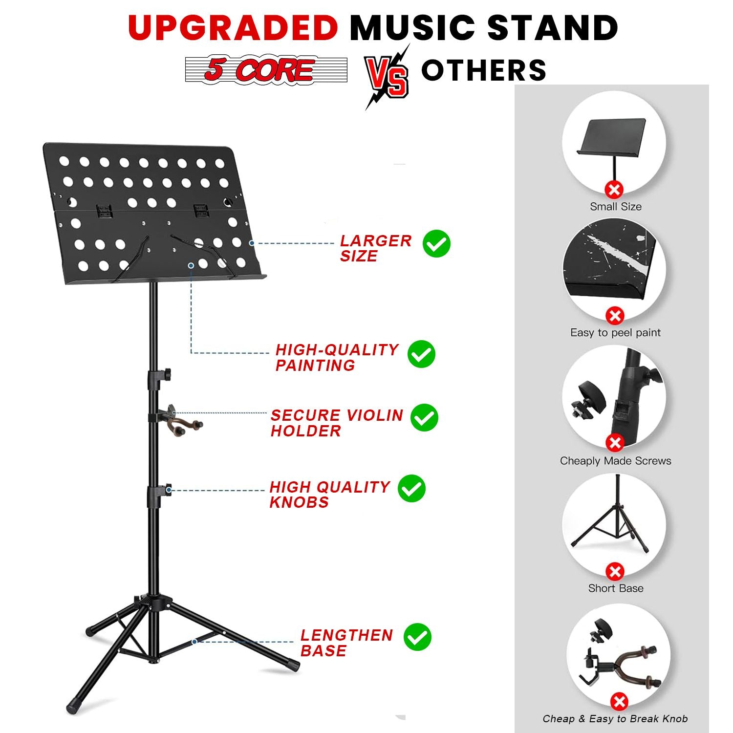 5 Core Music Stand For Sheet Music Height Adjustable Portable Folding Atril Para Partituras w Light Clip for Guitar Players Violinists Cellists Pianists - MUS FLD HD ACC BLK