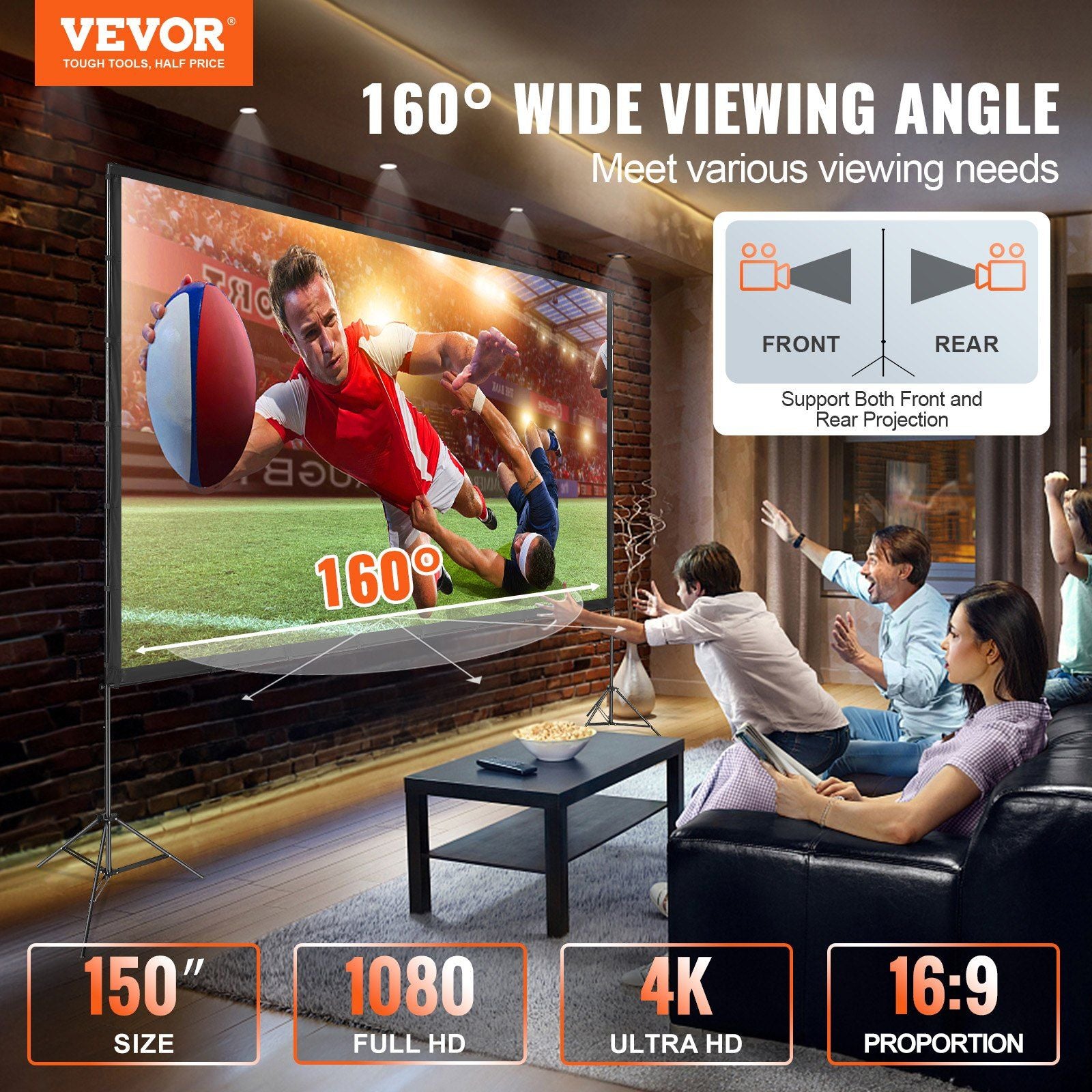 Écran de projecteur Vevor avec support, 150 pouces 16: 9 4k 1080 HD Écran de cinéma extérieur avec support, écran de projection sans rides avec trépieds et sac de transport, pour le cinéma home cinéma Backyard Movie Night