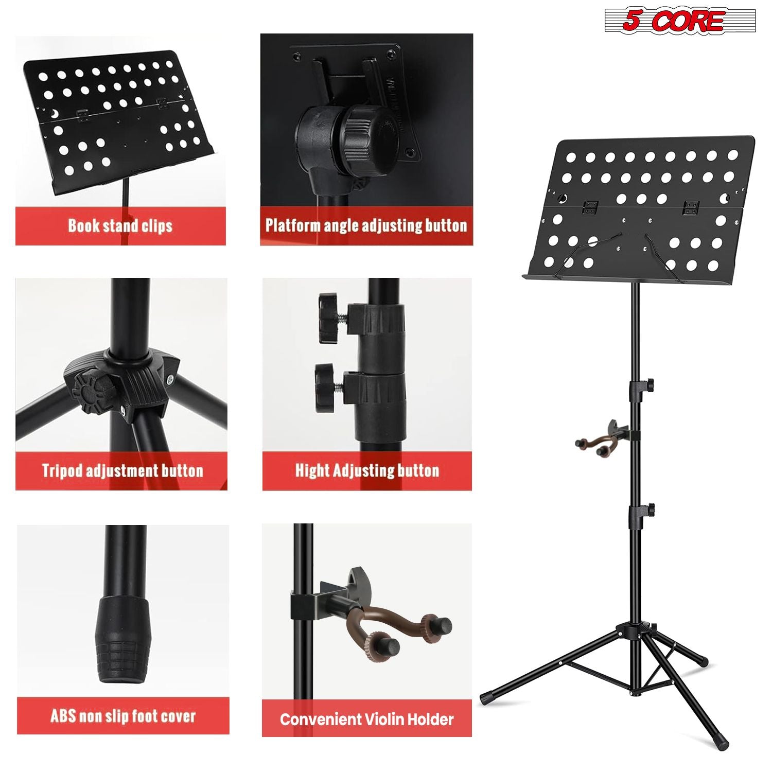 5 Core Music Stand For Sheet Music Height Adjustable Portable Folding Atril Para Partituras w Light Clip for Guitar Players Violinists Cellists Pianists - MUS FLD HD ACC BLK