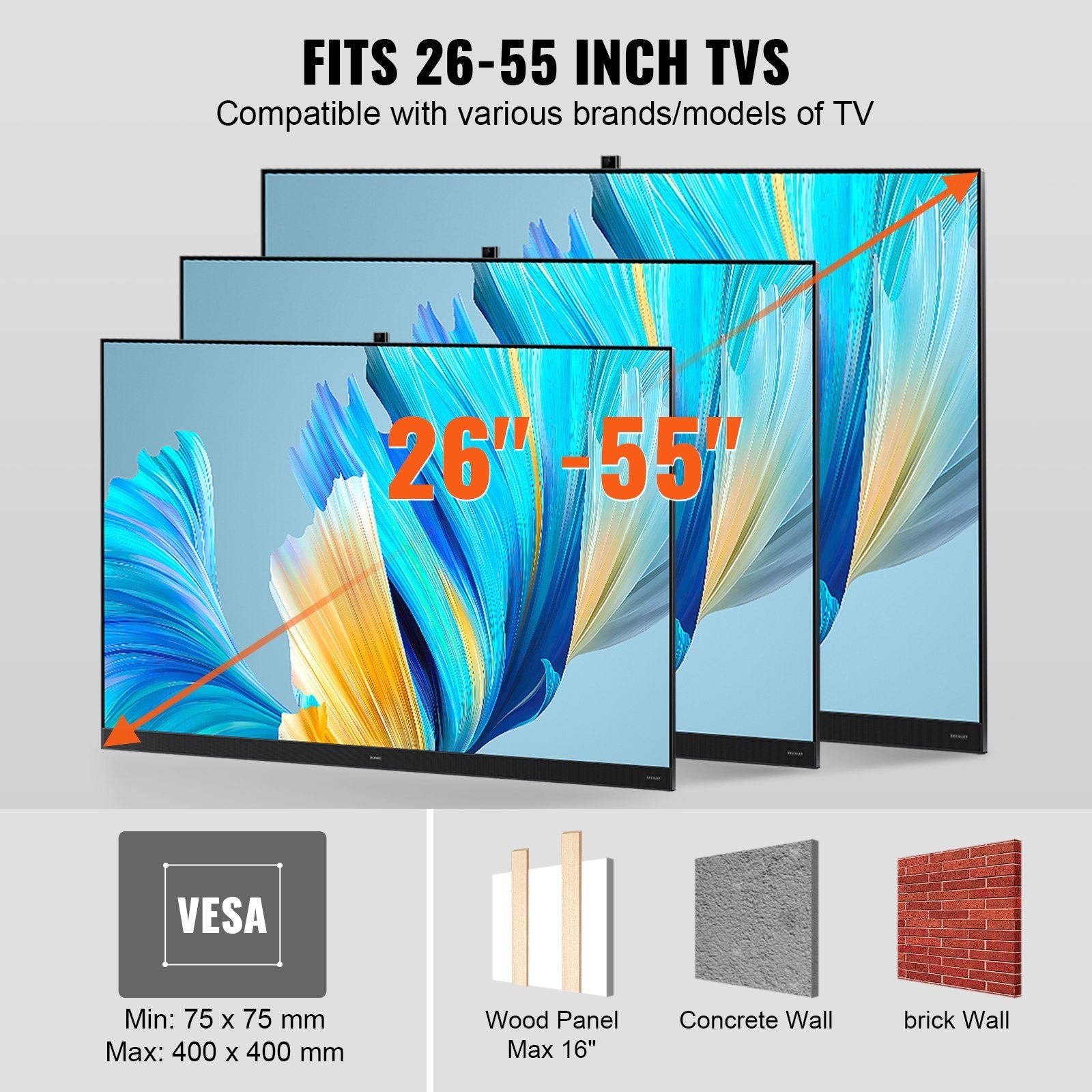 Vevor Tairiscint Iomlán Teilifíse Mount Fits Don chuid is mó de na teilifíseáin 26-55 orlach, tilt sclóine Coigeartaithe cothrománach Ballaí Teilifíse Lúibín Mount le lámh a chur in iúl, Max VESA 400x400mm, coinníonn suas le 99 lb.