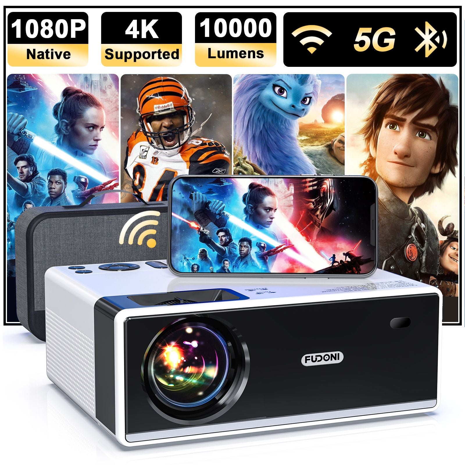 Projektor med WiFi og Bluetooth;  5G WiFi -projektor 4K støttet Native 1080p Full HD;  Fudoni 10000L bærbar projektor;  50% Zoom 300 "Display Outdoor Projector (forsendelse fra FBA)