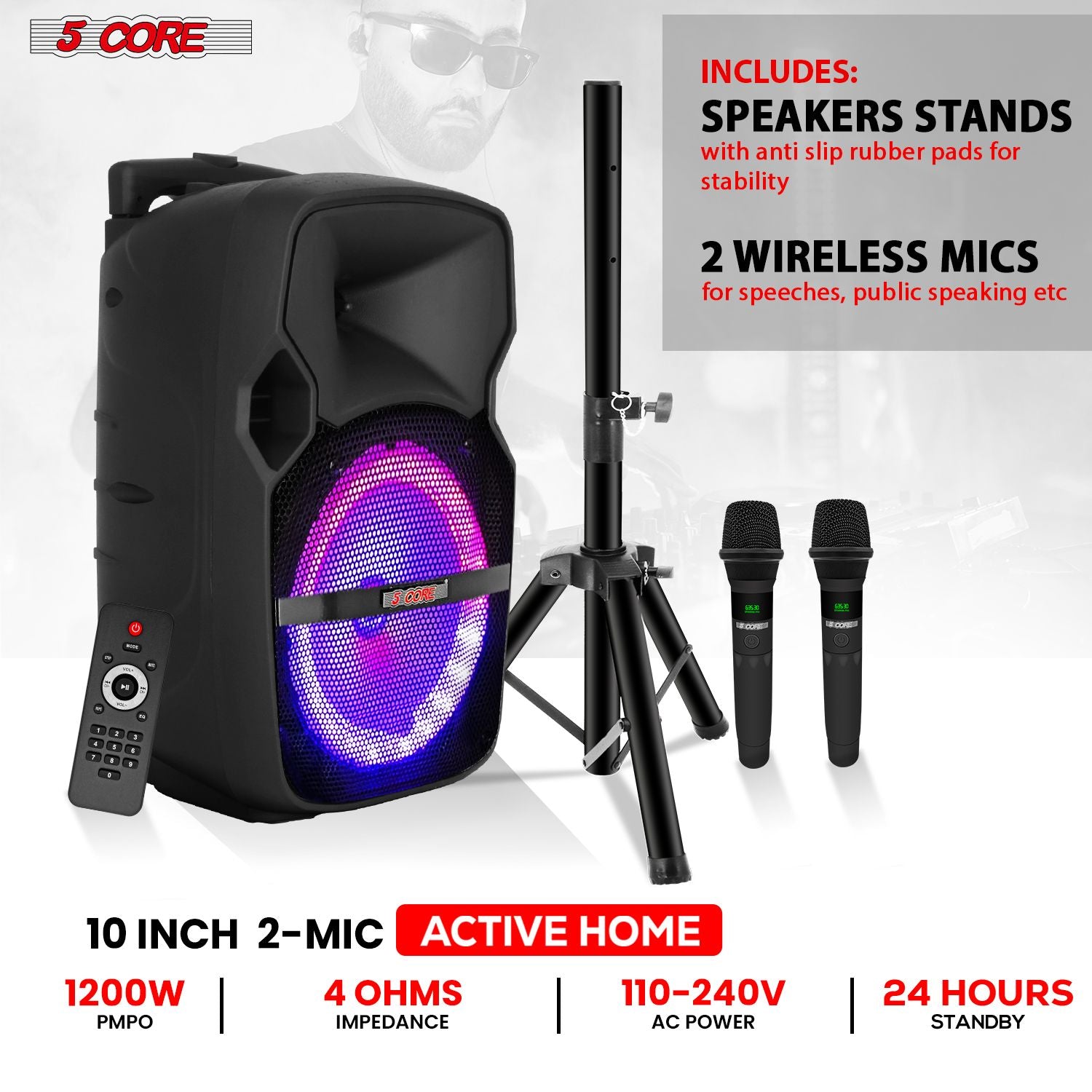 5 Core 10 inch PA Portable Bluetooth Party Speaker Karaoke Boombox + 2 Wireless Mics : ACTIVE HOME 10 2-MIC