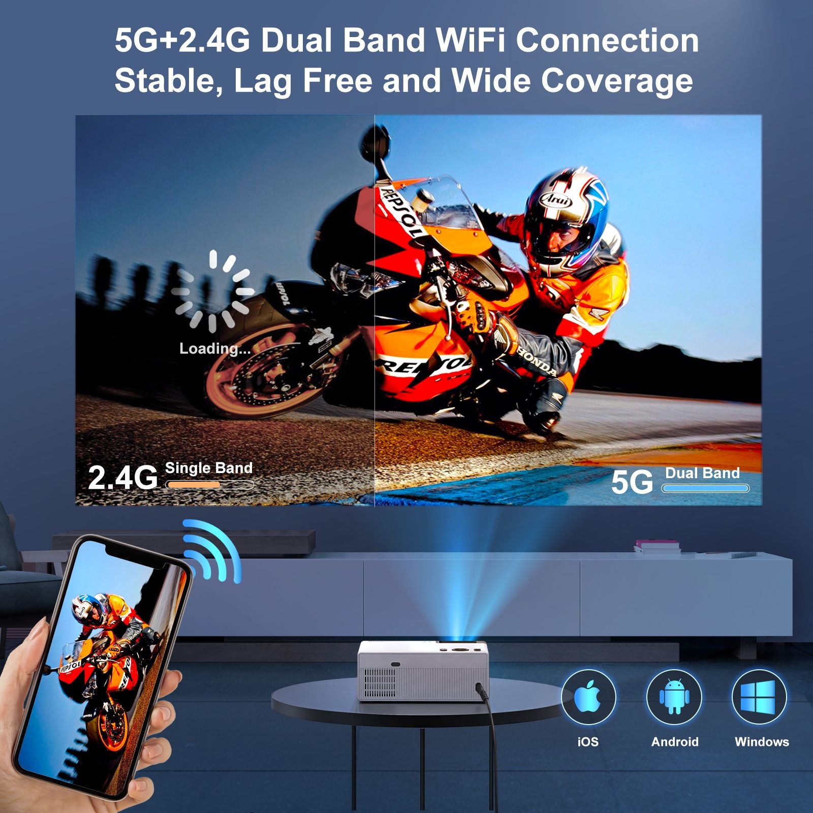 מקרן עם WiFi ו- Bluetooth;  מקרן WiFi Wifi 4K תומך ב- Full HD מקומי 1080p מלא;  מקרן נייד 10000L Fudoni;  50% זום 300 אינץ 'תצוגה מקרן חיצוני (משלוח מ- FBA)