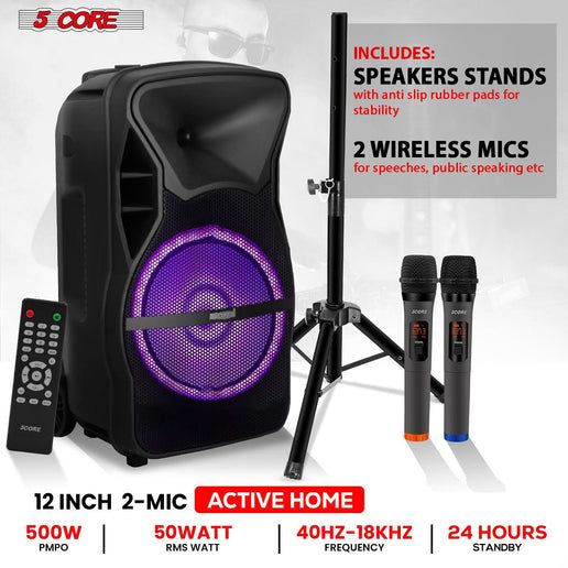 5 CORE 12 Inch TWS PAIR Bluetooth Party Speakers 500 Watt Portable Karaoke PA System Rechargeable Loud Speaker + Tripod Stand & 2x Wireless Mics LED Light : Active Home 12 2-MIC