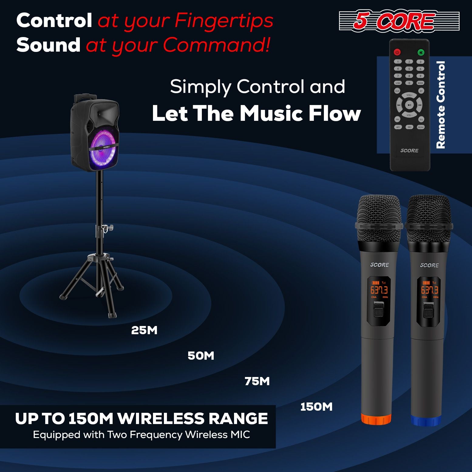 5 CORE 8 Inch TWS PAIR Bluetooth Party Speakers 250 W Portable Karaoke PA System Rechargeable Loud Speaker + Tripod Stand & 2x Wireless Mics LED Light : Active Home 8-2MIC