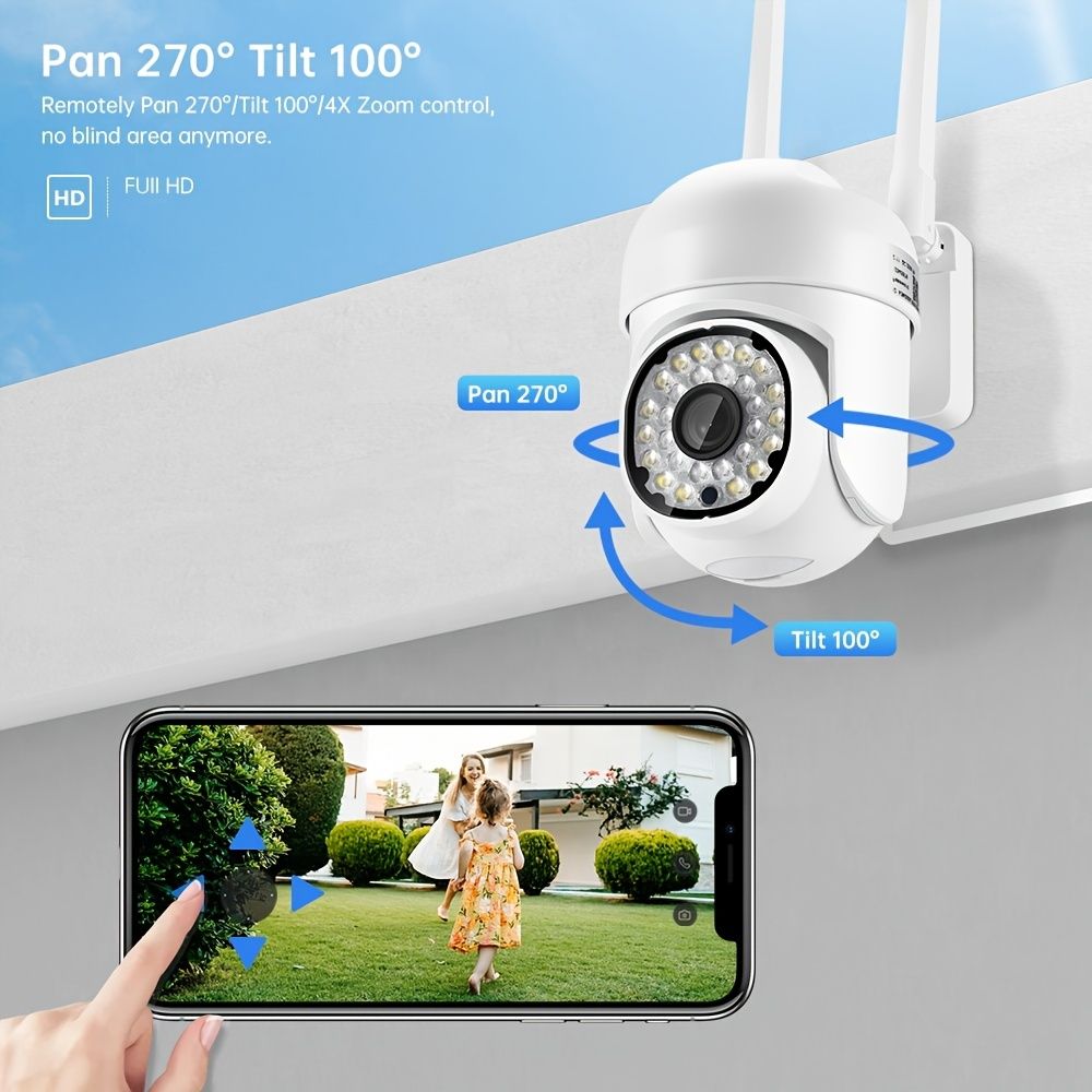 Kamera Keamanan Outdoor - 1080p Color Night Vision Wireless WiFi Home Video Surveillance Pan & Tilt 360 ° View; Pelacakan otomatis peringatan pintar; Audio 2 arah; Tahan cuaca tanpa kartu TF/SD