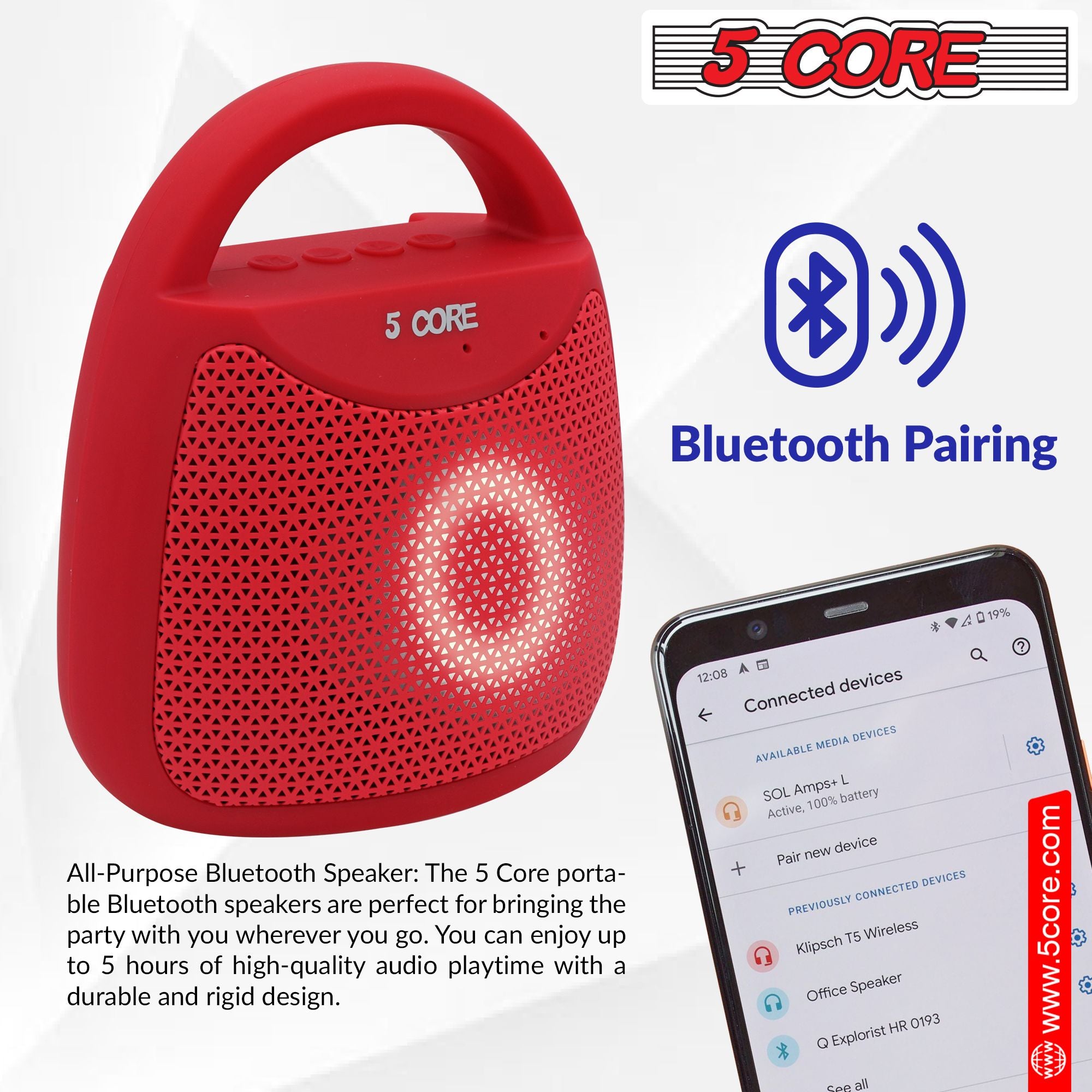 5 CORE Bluetooth Speaker Wireless Outdoor Speakers Portable Waterproof Loud Small Blue Tooth USB Bocinas for Patio Pool Party Beach Home Travel BLUETOOTH-13R