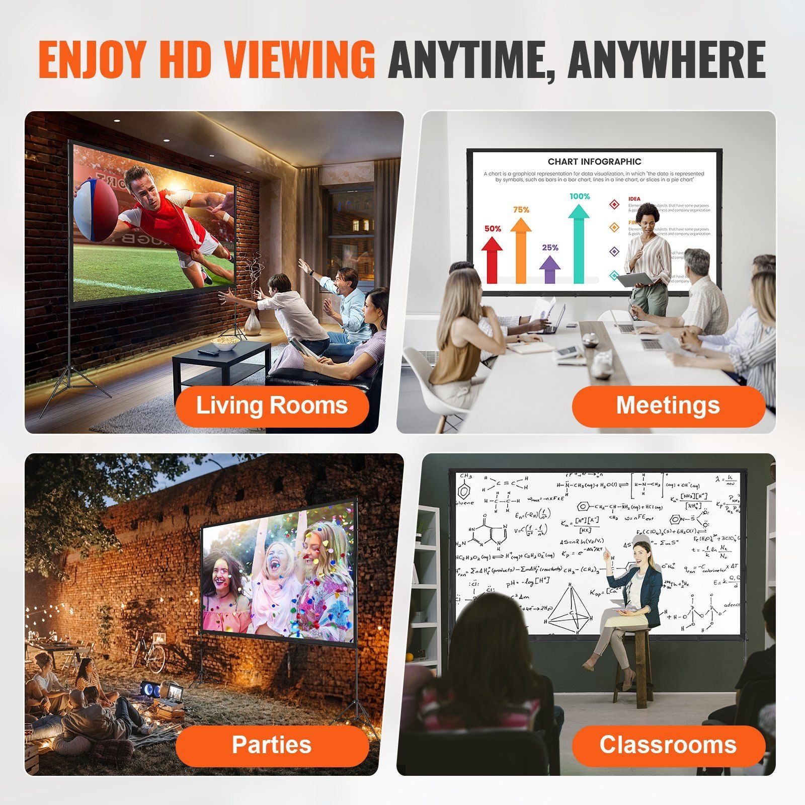 VEVOR Projector Screen na may Stand, 120 Inch 16: 9 4K 1080 HD Outdoor Movie Screen na may Stand, Wrinkle-Free Projection Screen na may Tripod at Carry Bag, Para sa Home Theatre Cinema Backyard Movie Night