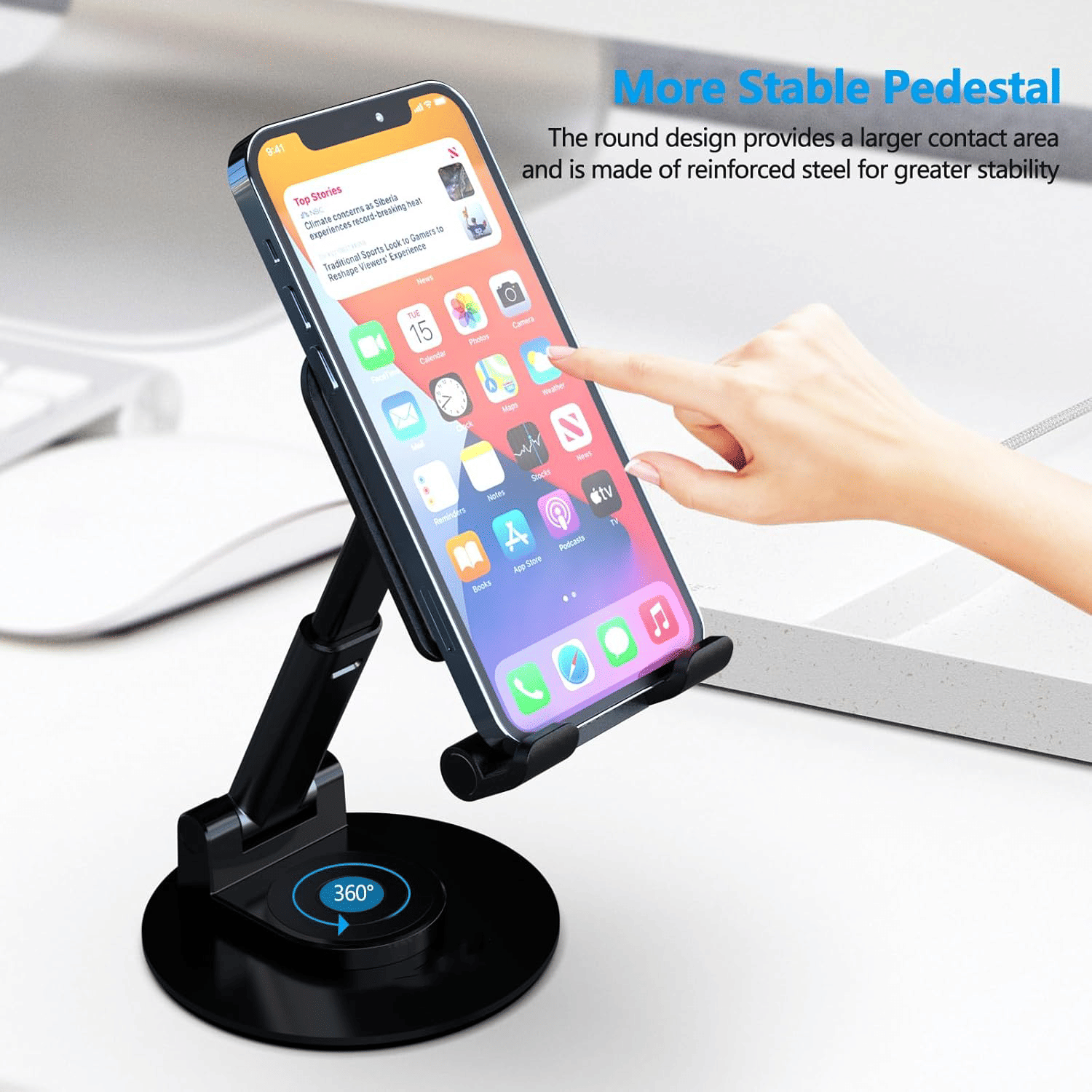 360 ° Solder de telefone celular rotativo para mesa, suporte de telefone totalmente dobrável, suporte de mesa ajustável em ângulo e altura, para escritório e cozinha, se encaixa em todos os smartphones, iPhone, switch, tablet