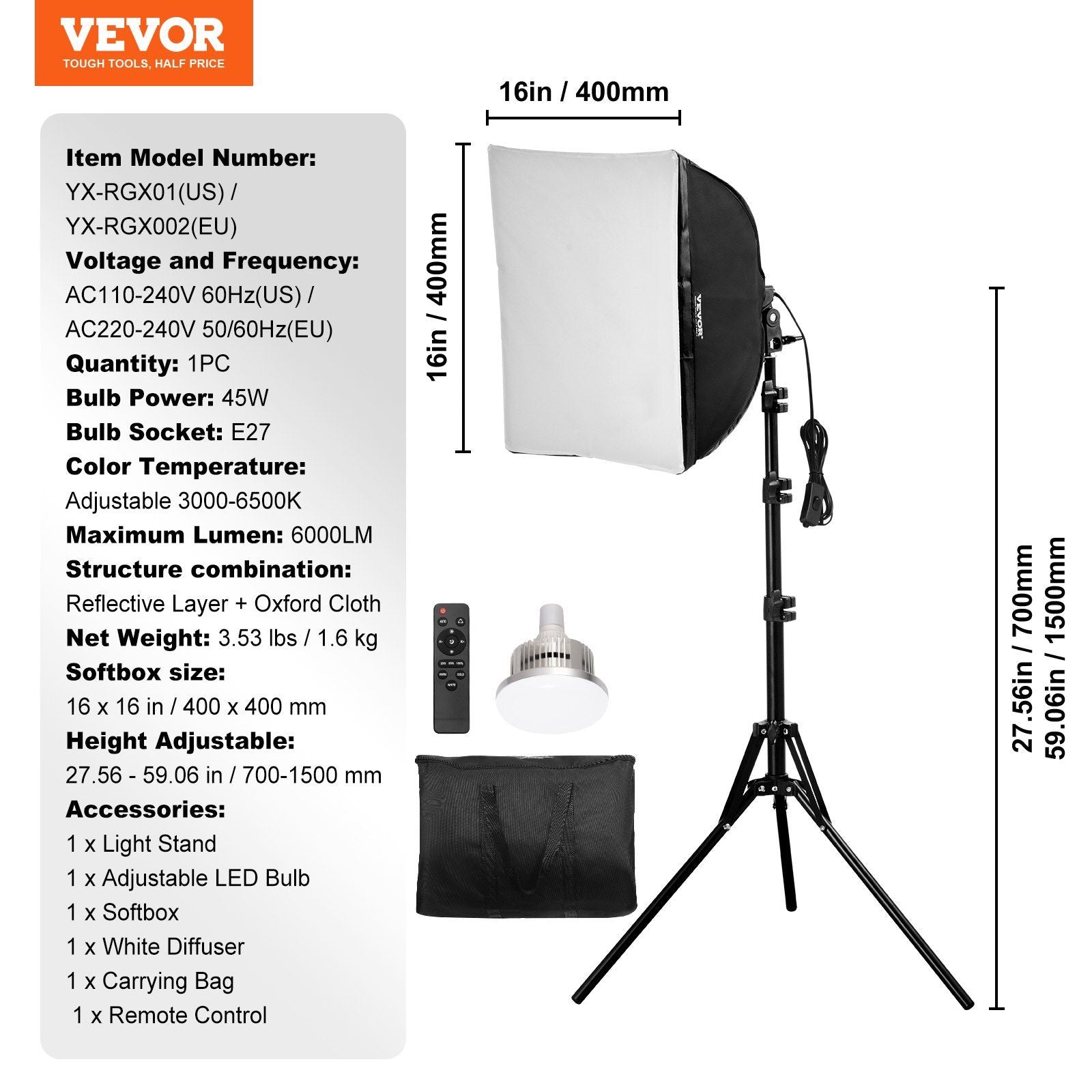 ערכת תאורה של Vevor Softbox 16 ב- x 16 ב 3000-6500K מתכווננת לצילום