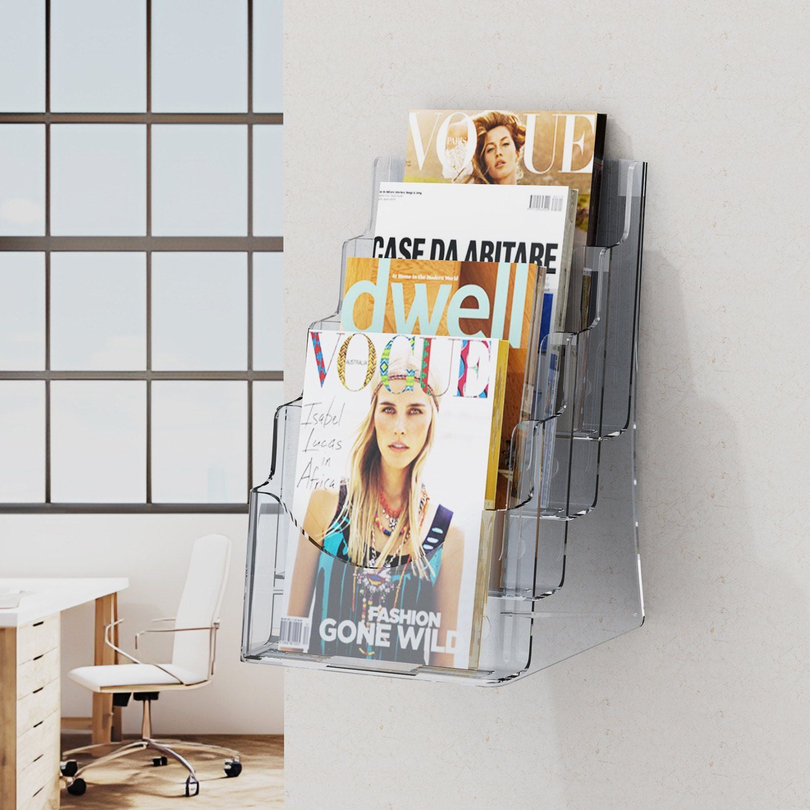 VEVOR Acrylic Brochure Holder 8.5 x 11 inch, 4-Tier Clear Acrylic Literature Display Stand, Plastic Literature Organizer Flyer Stand & Removable Divider for Office Exhibition, Countertop or Wall Mount