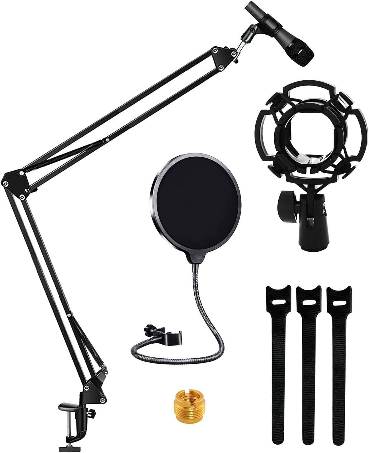 5 Core Microphone Arm Stand Upgraded Adjustable Suspension Boom Scissor Arm Mic Holder with Pop Filter 3/8" to 5/8" Adapter Mic Clip Shock Mount Cable Ties ARM SET 21