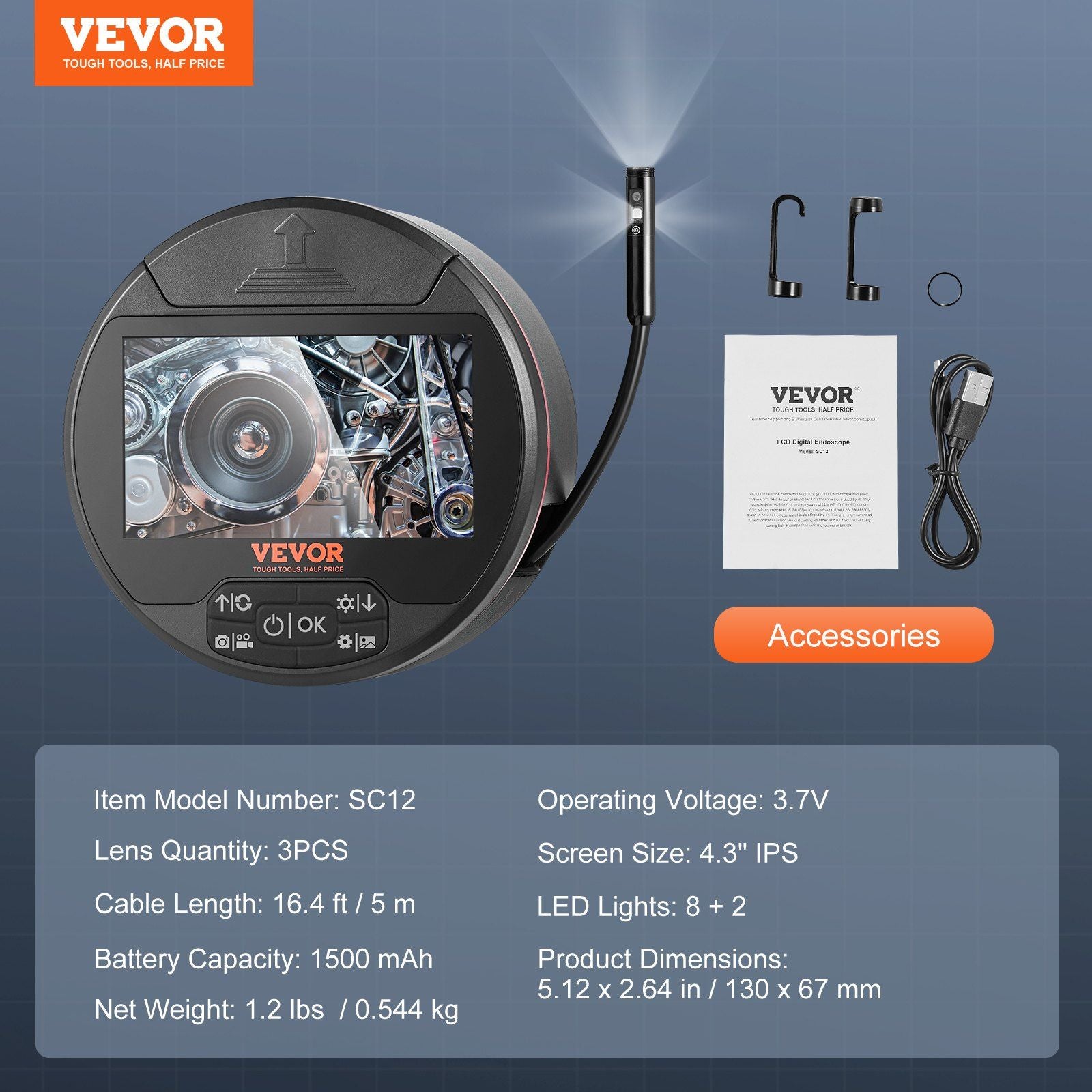 Vevor Borescope Triple Lens Camera με οθόνη 4.3 "IPS 8 + 2 φώτα