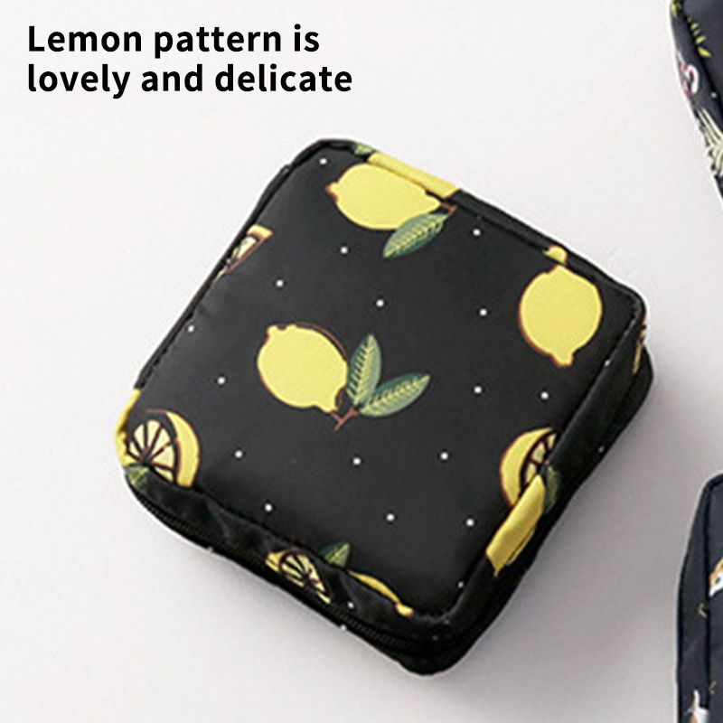 Wasserdichte schwarze Zitronenbeutel Mädchen Frauen Tampon Sanitärpolster Organizer Beutel Tragbare süße Make -up -Tasche Square Serviette Hülle