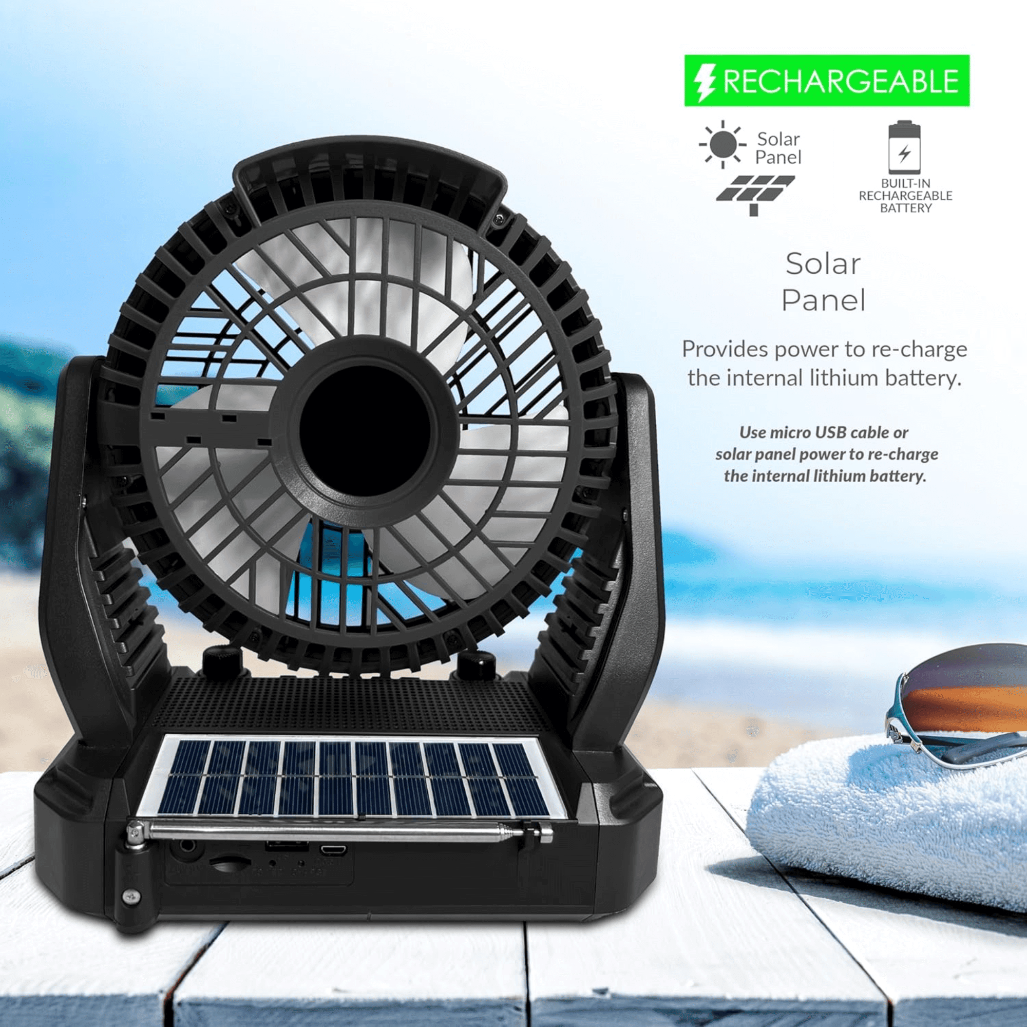 Supersonic Solar-Powered BT Speaker with FM Radio, LED Flashlight & Fan