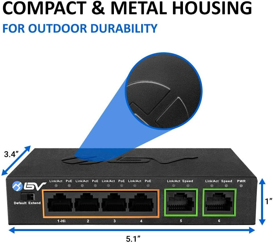 -Tech 6 Port Poe+ Switch (4 Poe+ Ports with 2 Ethernet Uplink and Extend Function) – 60W – 802.3At + 1 High Power Poe Port| Desktop Fanless Design | Plug & Play | Sturdy Metal Housing