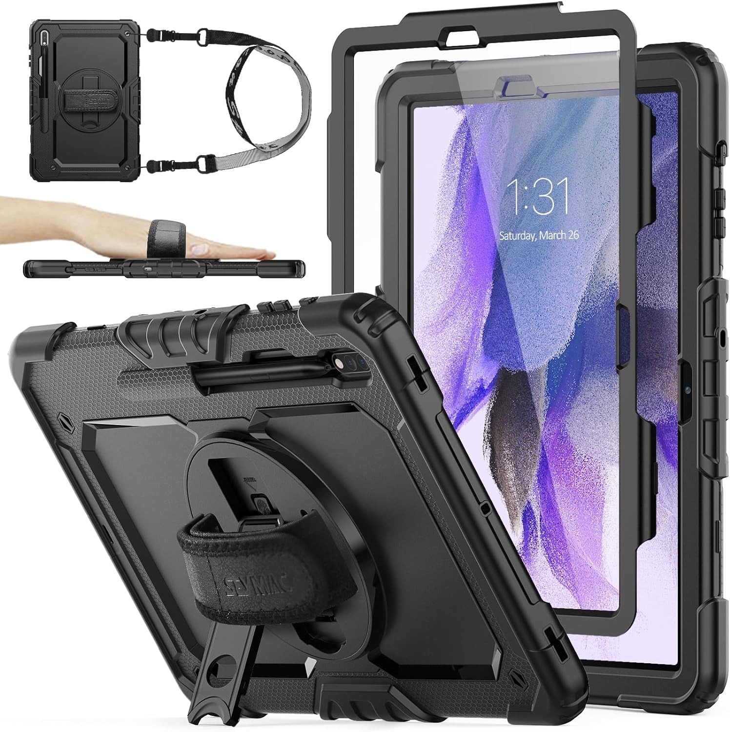 Case for Samsung Galaxy Tab S7 FE / S8 plus 5G Case 12.4'' with Screen Protector Pencil Holder [360 Rotating Hand Strap] &Stand, Drop-Proof Case, Black